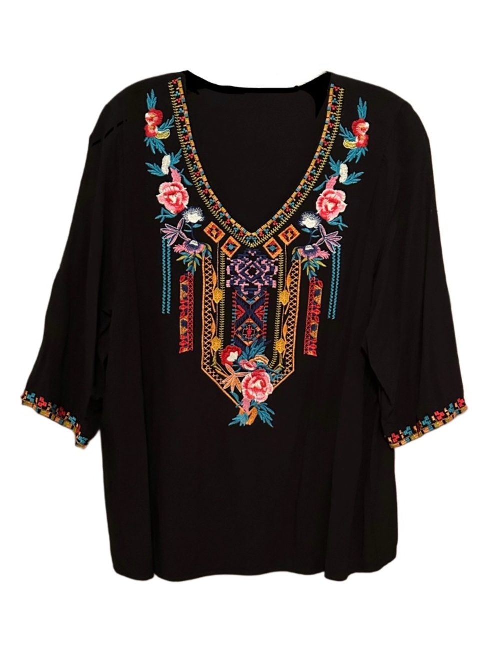 Boho Embroidered Blouse Black Floral Folk Peasant Top Short Sleeve Size L